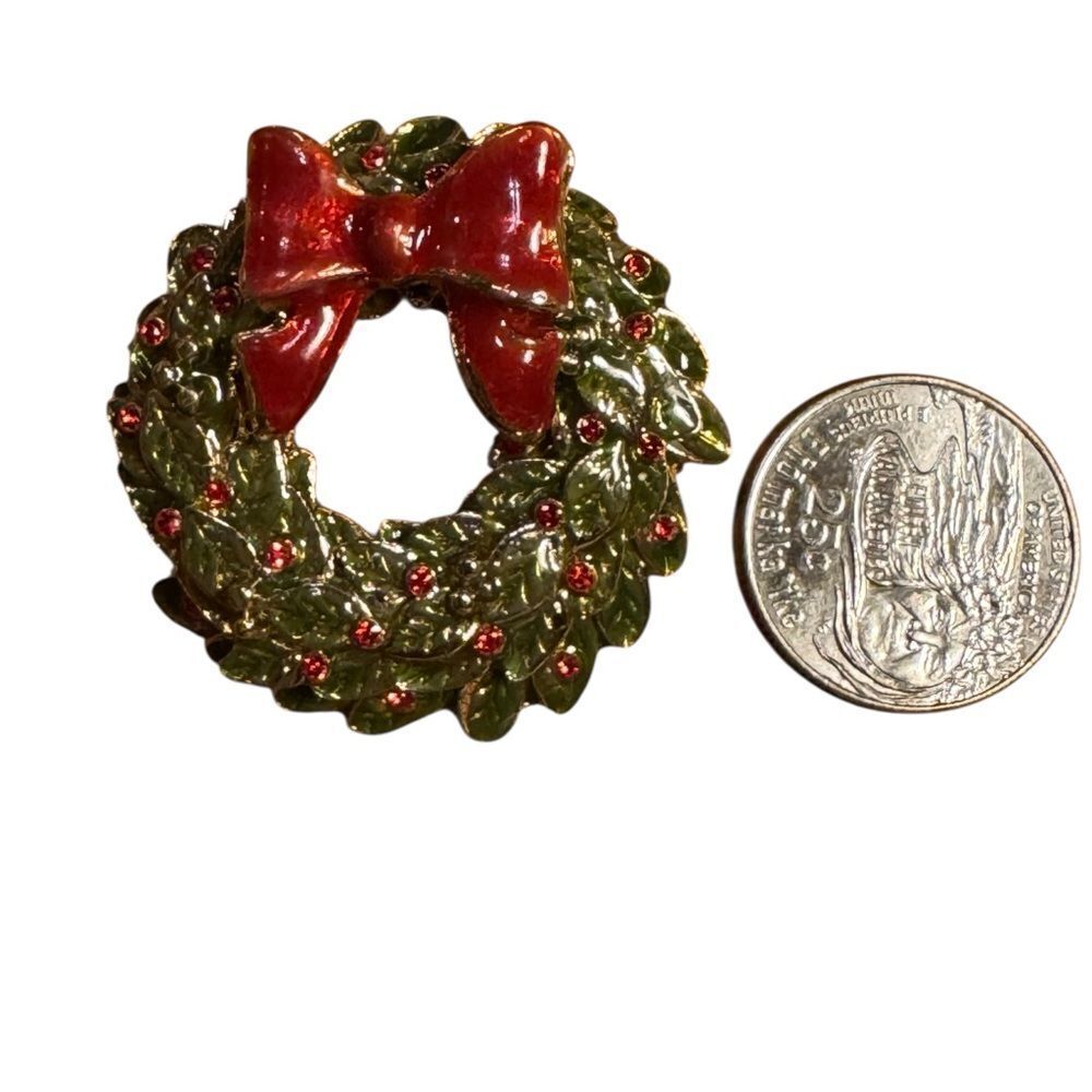 Elegant Holiday Wreath Brooch with Red Bow